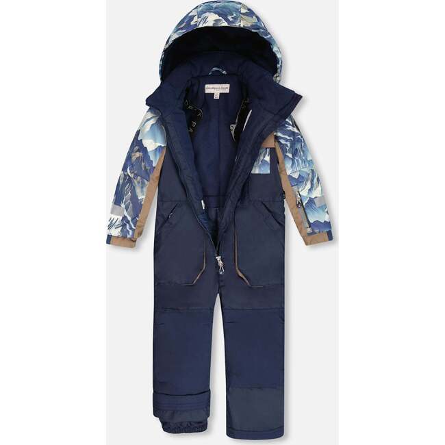 One-Piece Play Snowsuit with Mountains Print, Navy Blue - Snowsuits - 3