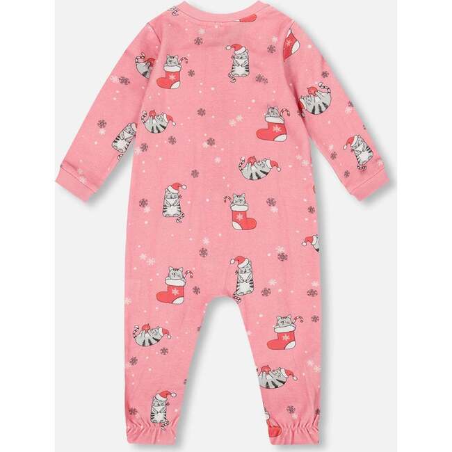 One-Piece Organic Cotton Pajama, Pink Cat Print - Pajamas - 2