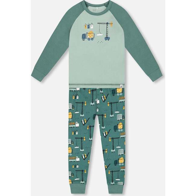 Two-Piece Organic Cotton Pajama Set, Teal Construction Print