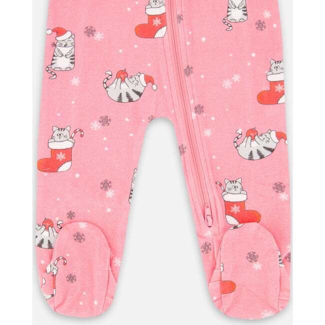 One-Piece Organic Cotton Pajama, Pink Cat Print - Pajamas - 3