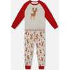 Organic Cotton Two-Piece Pajamas, Beige Girly Reindeer Print - Pajamas - 1 - thumbnail