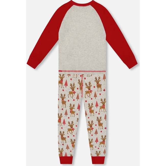Organic Cotton Two-Piece Pajamas, Beige Girly Reindeer Print - Pajamas - 3