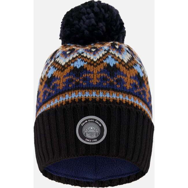 Lined Knit Winter Hat with Pompom, Taupe and Navy