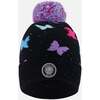 Lined Knit Pompom Hat, Black Butterfly Pattern - Winter Hats - 1 - thumbnail