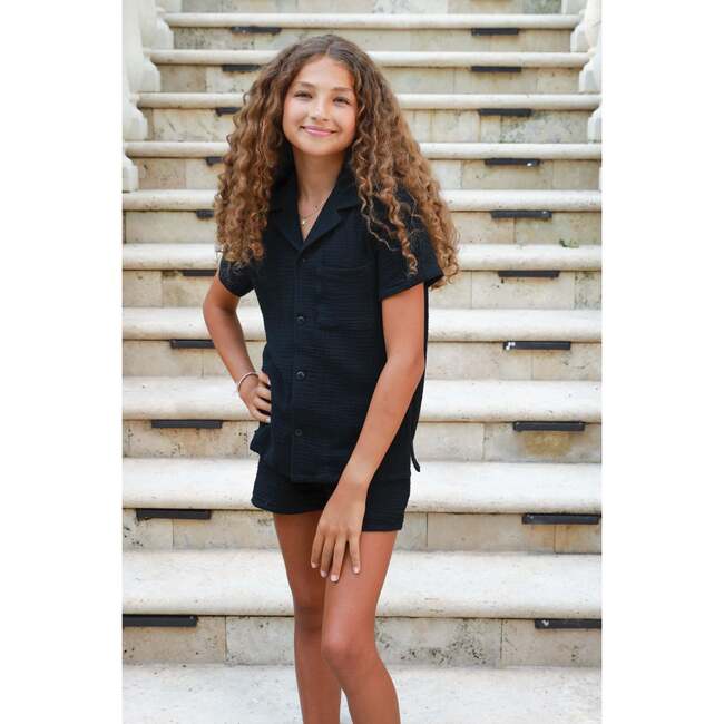 Organic Cotton Camp Collar Waffle Shirt, Black - Polo Shirts - 3