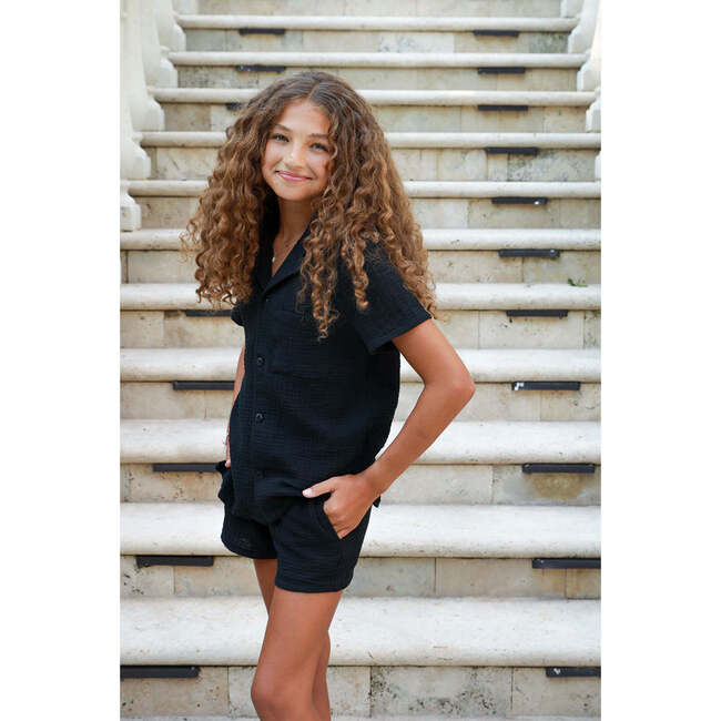 Organic Cotton Camp Collar Waffle Shirt, Black - Polo Shirts - 5