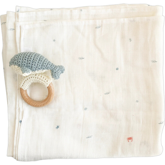 Nautical Baby Swaddle and Teether Set, Whale