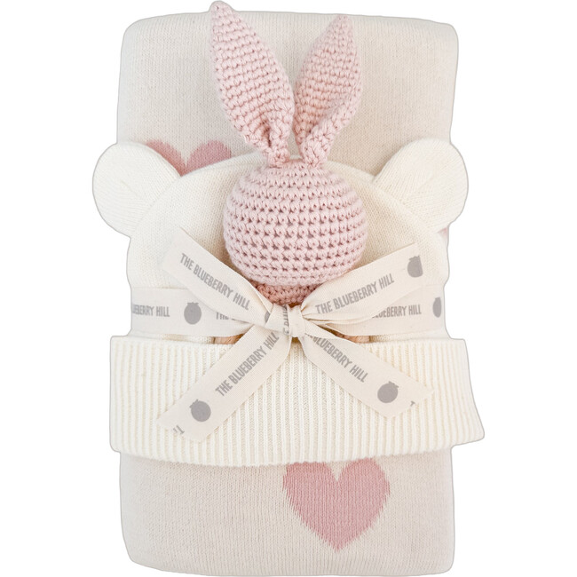 Heart I Love You Blanket Bunny Rattle Blush Cotton Hat Baby Gift Set