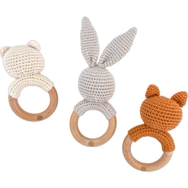 Baby Animal Rattle Set Bear Fox Bunny Grey Cotton Teether