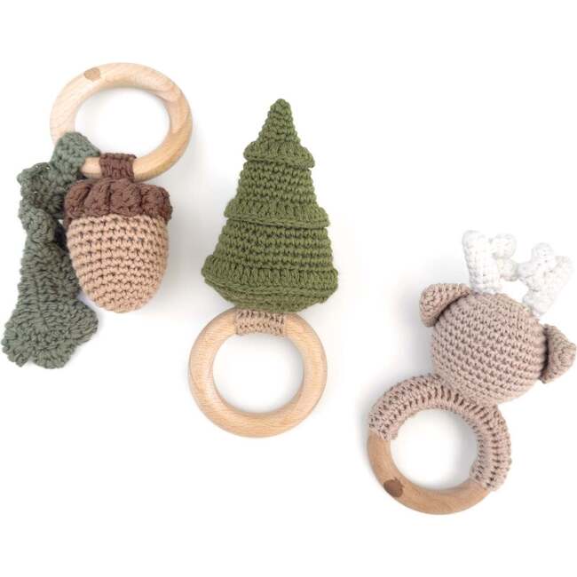 Woodland Rattle Set Deer Tree Acorn Fall Winter Cotton Teether