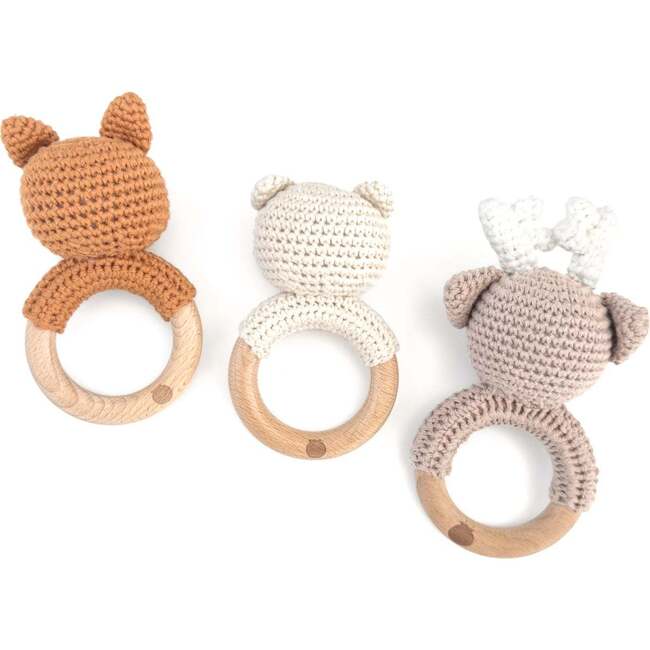 Woodland Animal Rattle Set Bear Deer Fox Fall Cotton Teether