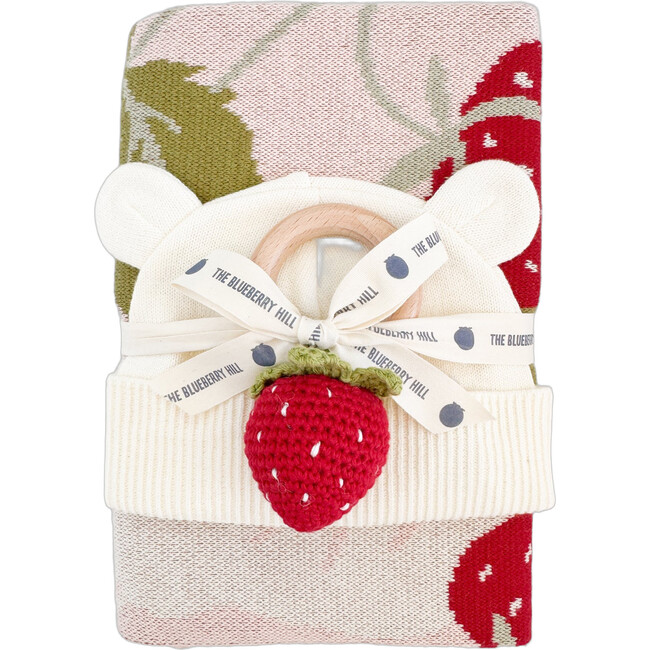 Strawberry Blanket Flower Rattle Cotton Hat Toy Gift Set