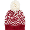Snowflake Pattern Knit Pom Hat, Red - Hats - 1 - thumbnail