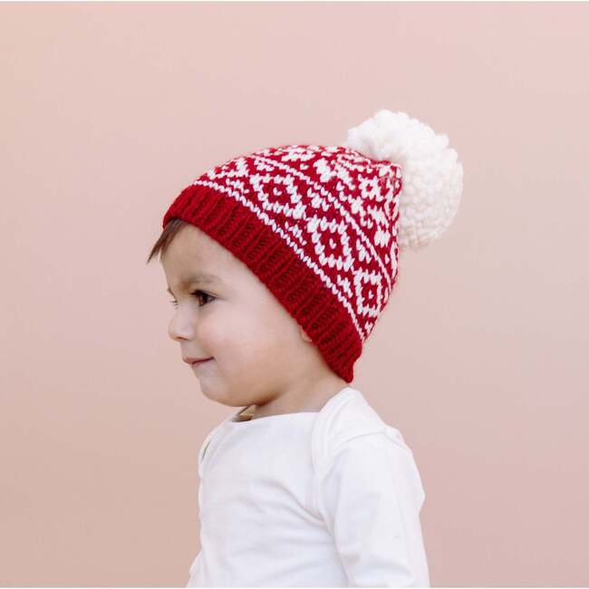 Snowflake Pattern Knit Pom Hat, Red - Hats - 2