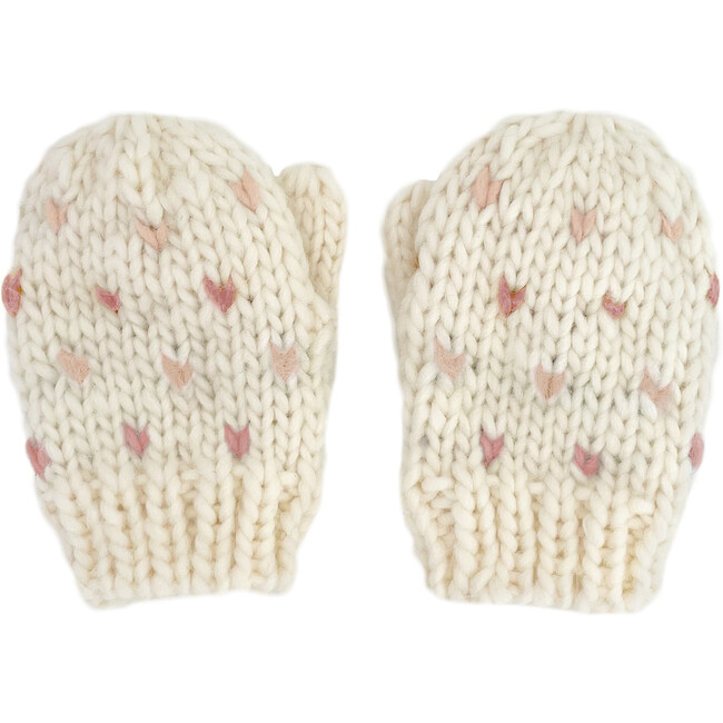 Sawyer Knit Tiny Hearts Mittens, Rose & Cream