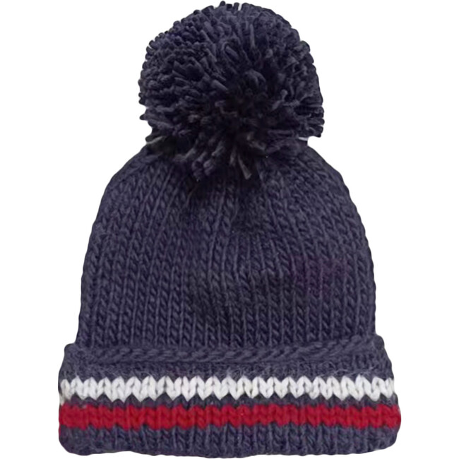 SKI Stripe Knit Pom Pom Hat, Navy