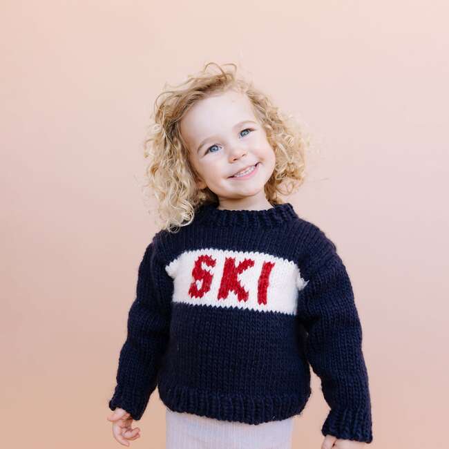 SKI Hand-Knit Sweater, Navy, Red & White - Sweaters - 2