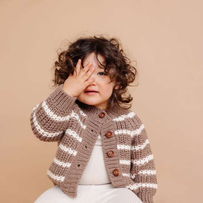 Rib Knit Stripe Cardigan, Tan - Cardigans - 2