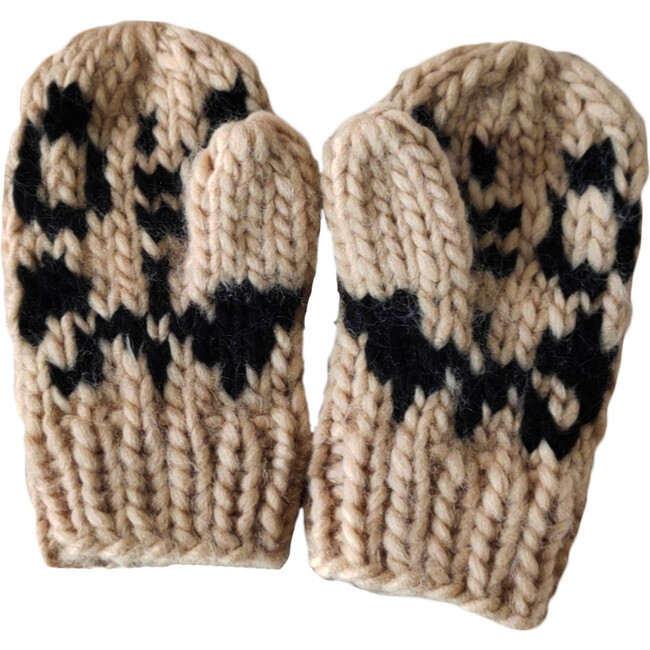 Cheetah Print Knit Mittens, Latte & Black