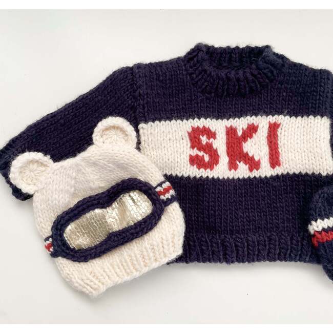 Bear Ear Ski Goggle Hand-Knit Hat, Cream, Navy & Red - Hats - 2