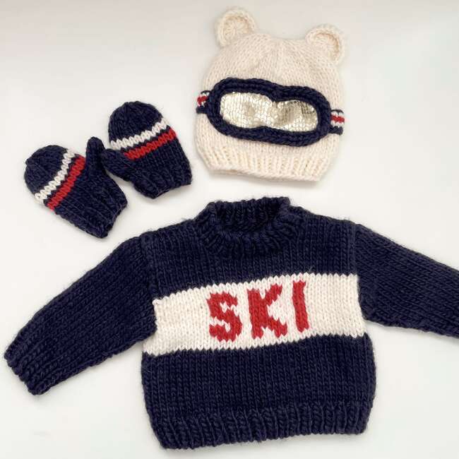 Bear Ear Ski Goggle Hand-Knit Hat, Cream, Navy & Red - Hats - 3