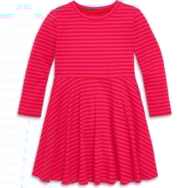 Long Sleeve Twirly Dress In Mini Stripe, Fuchsia Lollipop Stripe