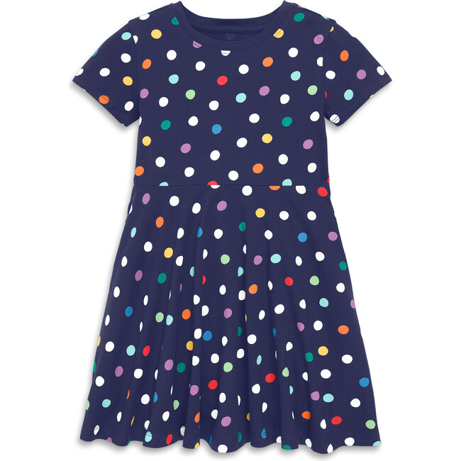 Kids Twirly Dress In Rainbow Confetti Dots, Navy Rainbow Dots - Dresses - 1