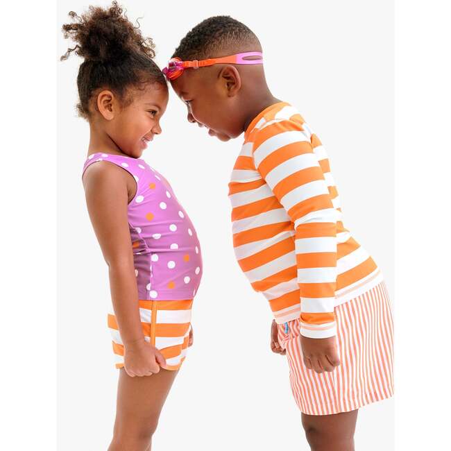 Kids Swim Trunk In Stripe, Cantaloupe White Stripe