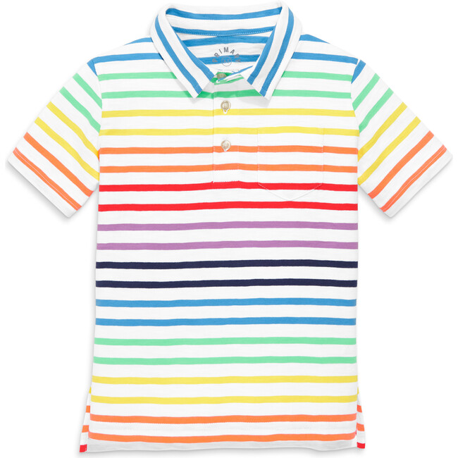 Kids Short Sleeve Polo In Mini Rainbow Stripe, White Double Rainbow Stripe - Polo Shirts - 1