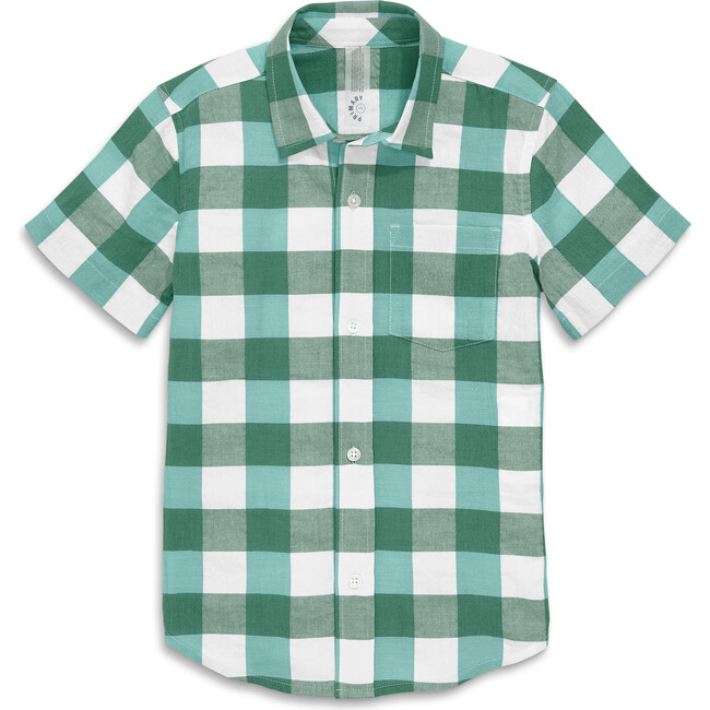 Kids Short Sleeve Button Down In Gingham, Chive Sunwashed Teal Gingham