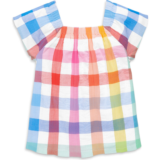 Kids Picnic Top In Rainbow Gingham, White Rainbow Check