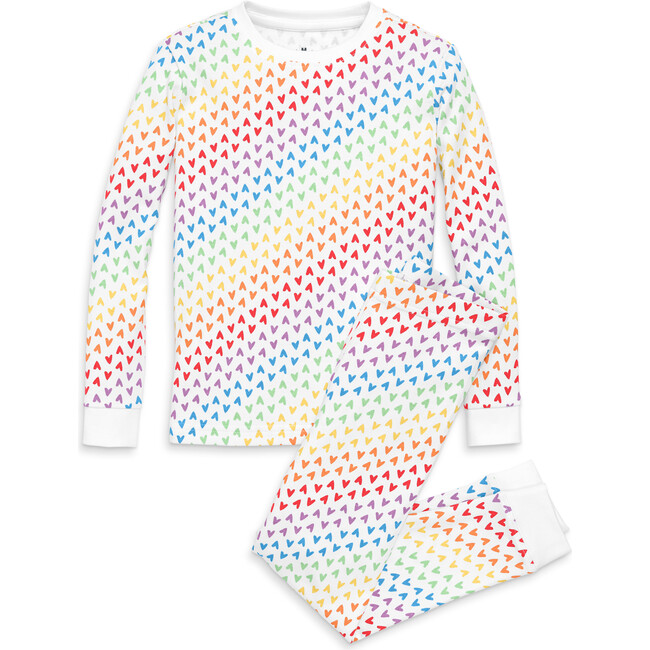 Kids Organic Long Sleeve Pj Set In Kaleidoscope Hearts, White Kaleidoscope Rainbow Hearts - Pajamas - 1