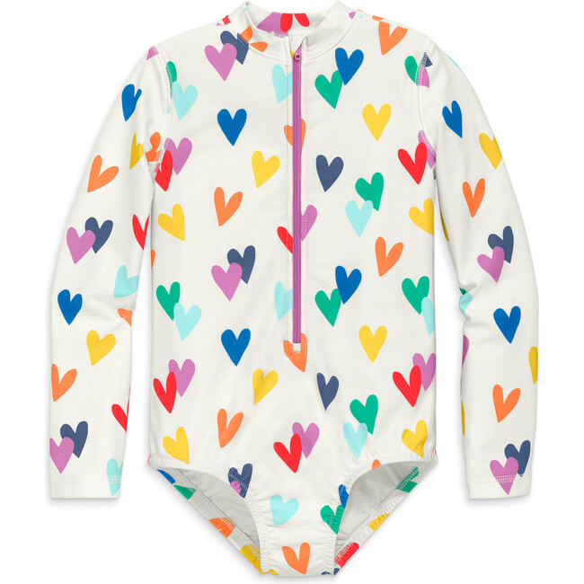 Kids Long Sleeve One-Piece Rash Guard In Rainbow Confetti Hearts, White Confetti Hearts - One Pieces - 1