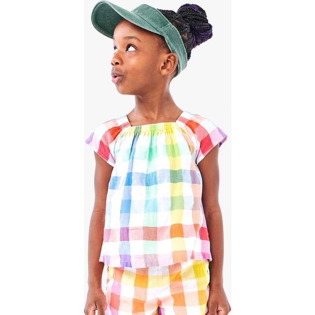 Kids Picnic Top In Rainbow Gingham, White Rainbow Check