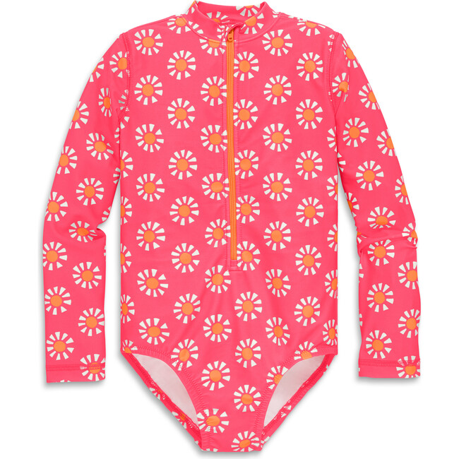 Kids Long Sleeve One-Piece Rashguard In Cutout Suns, Bright Azalea Cantaloupe Suns - One Pieces - 1