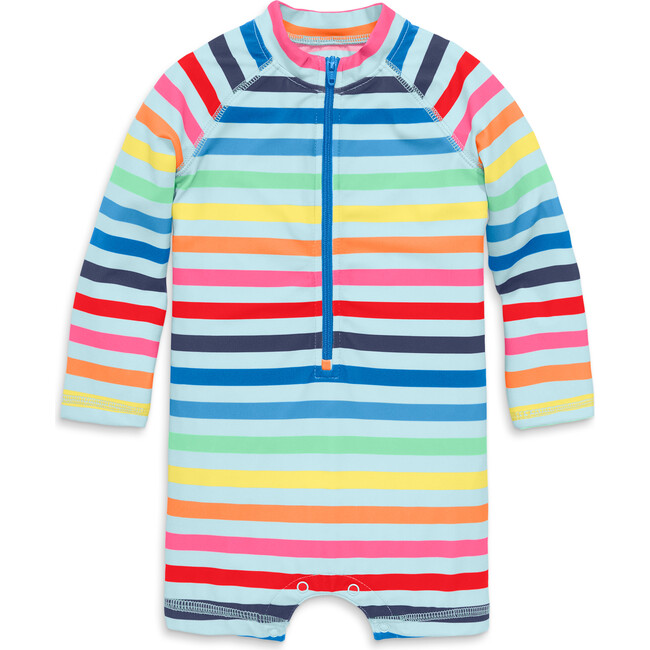 Kids Long Sleeve One-Piece Rash Guard In Rainbow Sky Stripe, Mist Spring Stripe
