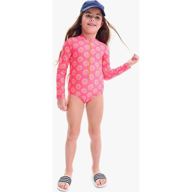 Kids Long Sleeve One-Piece Rashguard In Cutout Suns, Bright Azalea Cantaloupe Suns - One Pieces - 2