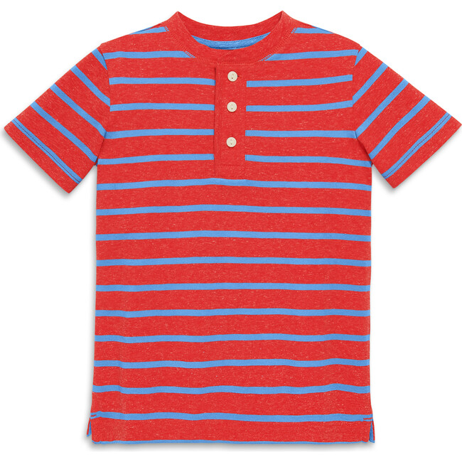 Kids Heathered Henley Tee In Stripe, Poppy Blueberry Stripe