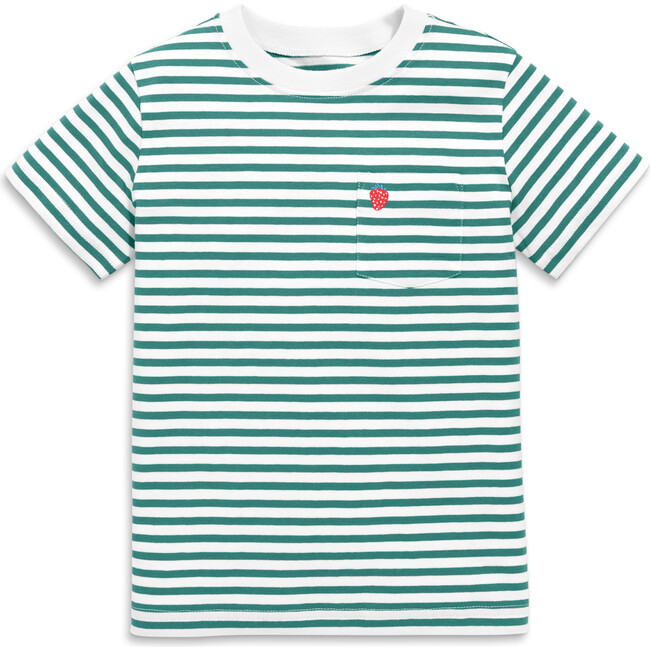 Kids Embroidered Pocket Tee In Stripe, Sunwashed Teal White Stripe - T-Shirts - 1