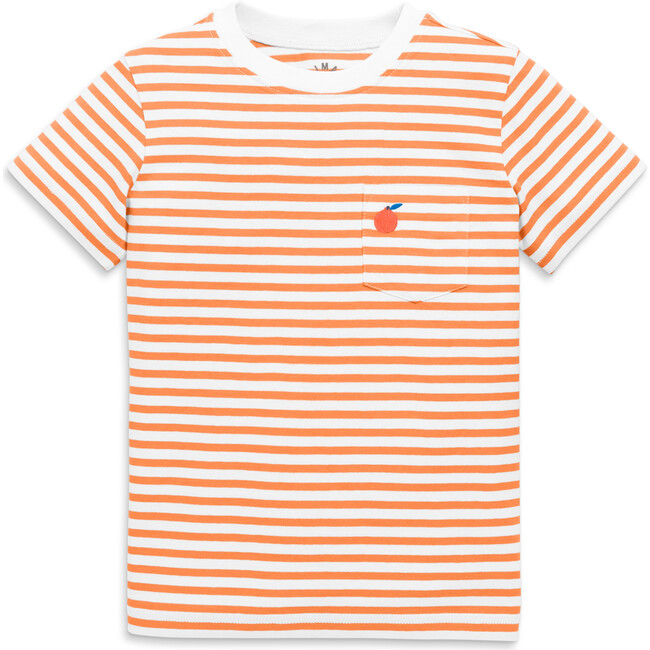 Kids Embroidered Pocket Tee In Stripe, Cantaloupe White Stripes - T-Shirts - 1