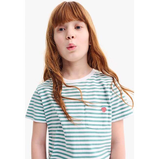 Kids Embroidered Pocket Tee In Stripe, Sunwashed Teal White Stripe - T-Shirts - 2