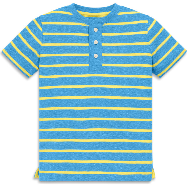 Kids Heathered Henley Tee In Stripe, Cornflower Banana Stripe