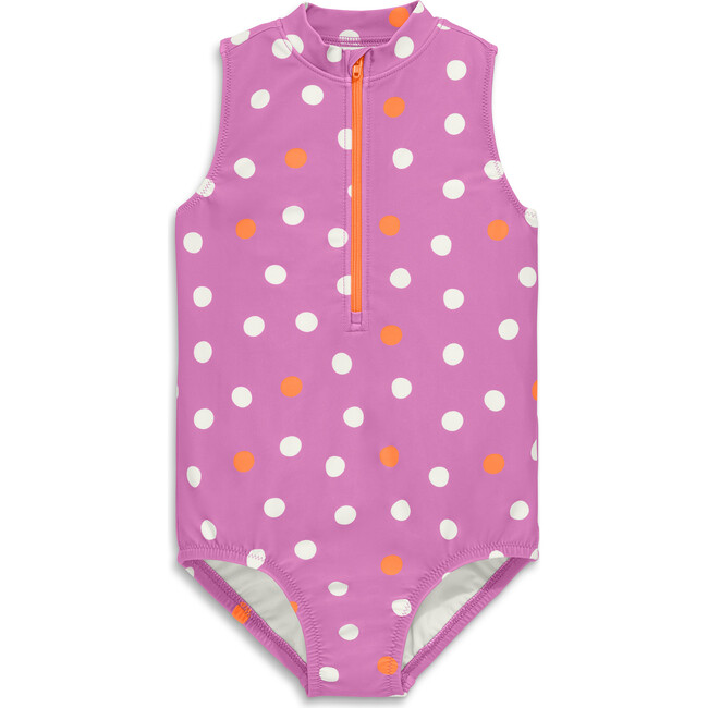 Kids Half-Zip Swimsuit In Confetti Dots, Lilac Multi Dots - One Pieces - 1
