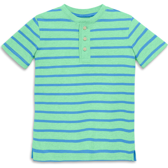 Kids Heathered Henley Tee In Stripe, Clover Cornflower Stripe - T-Shirts - 1