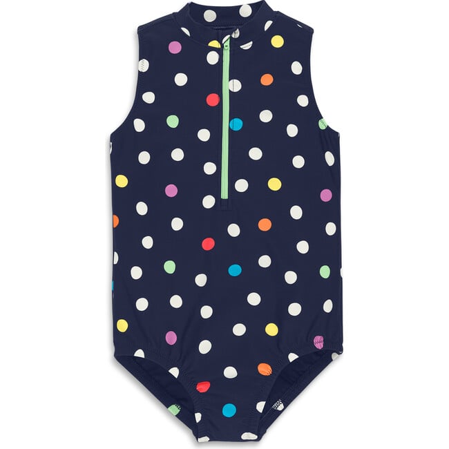 Kids Half-Zip Swimsuit In Rainbow Confetti Dots, Navy Rainbow Confetti Dots - One Pieces - 1