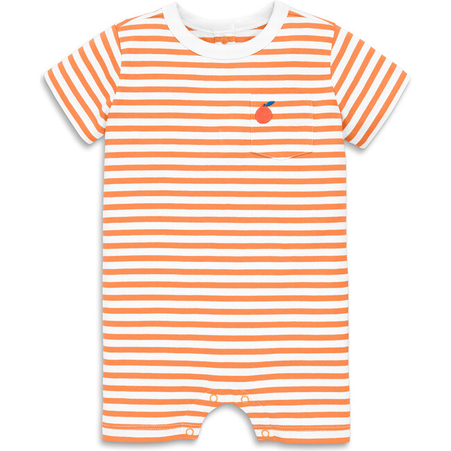 Baby Embroidered Stripe Pocket Shortie, Cantaloupe White Stripes - Rompers - 1