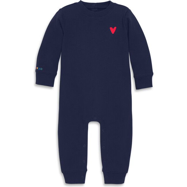 Baby Embroidered Heart Sweatshirt Romper, Navy - Rompers - 1