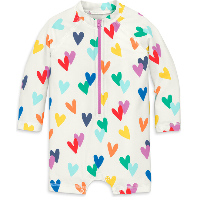 Baby One-Piece Rash Guard In Rainbow Hearts, White Confetti Hearts - One Pieces - 1