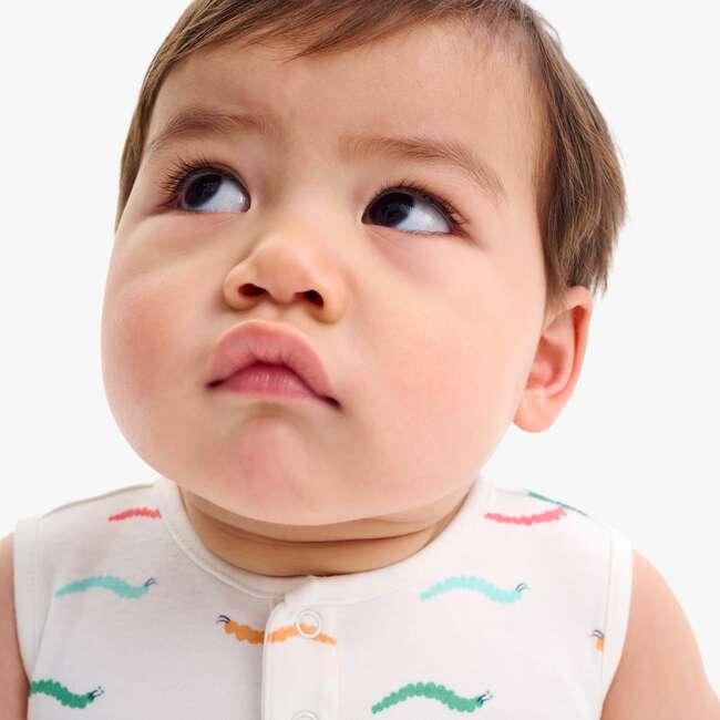 Baby Organic Henley Tank Shortie In Baby Bugs, Ivory Rainbow Caterpillars - Rompers - 3