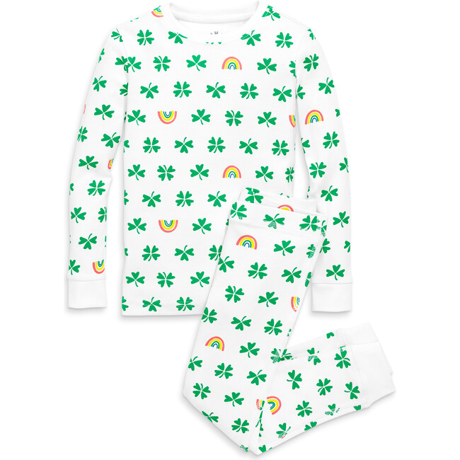 Organic PJ Set In Lucky Clovers, White Clovers - Pajamas - 1